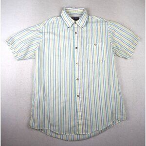 VINTAGE MEN'S GREEN BLUE YELLOW STRIPED SHORT SLEEVE BUTTON-UP PAR FOUR - L